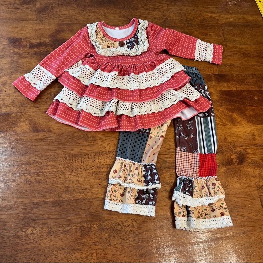 Girls' Pink Ruffle Crochet Patchwork Matching Set